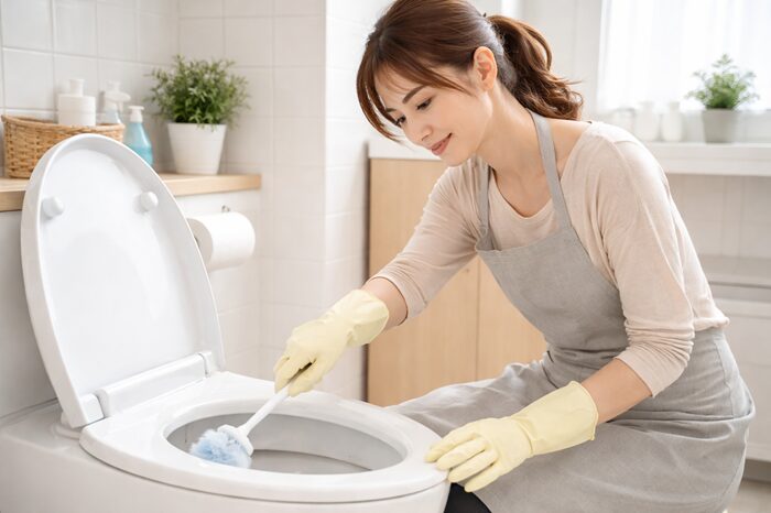 トイレを掃除する主婦
