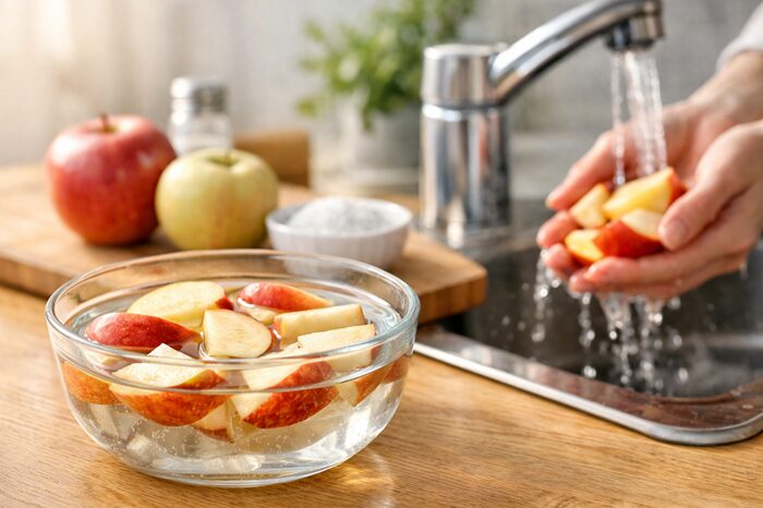 塩水につけたリンゴを洗う主婦