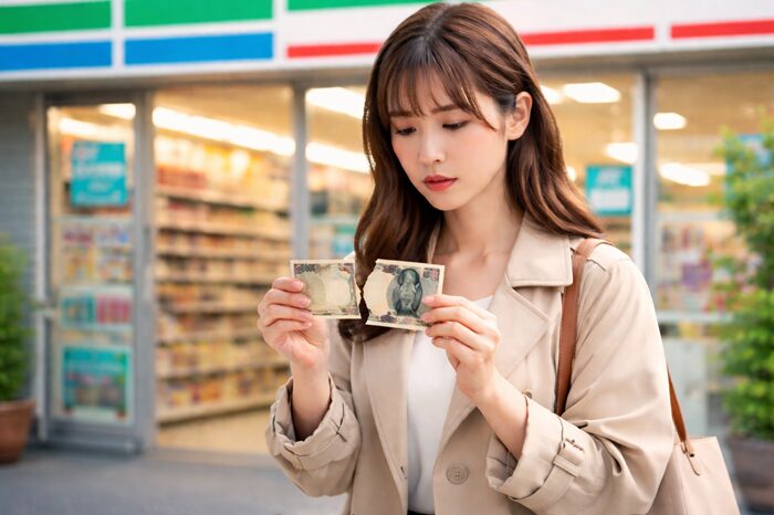 破れたお札コンビニ