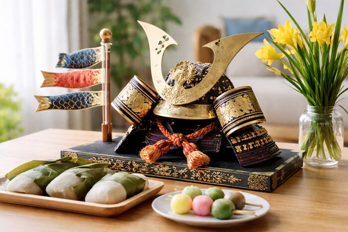 子供の日の兜飾りとかしわ餅