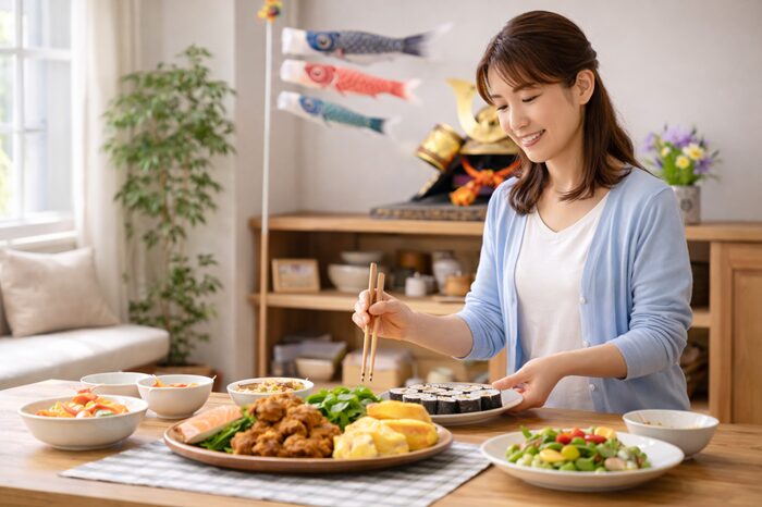 子供の日のごちそうを準備する母親と五月人形の飾り