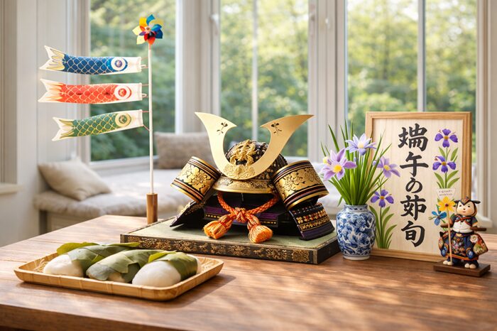 端午の節句の兜飾りとこいのぼり