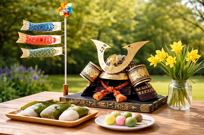 子供の日の兜とこいのぼり、柏餅など端午の節句の飾り