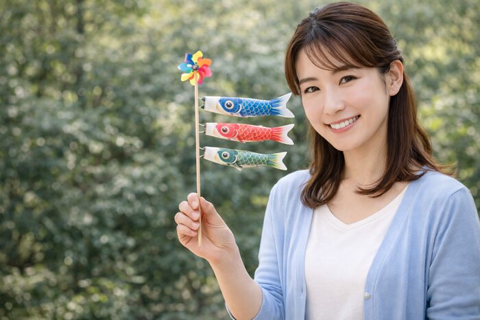 小さなこいのぼりを飾る母親